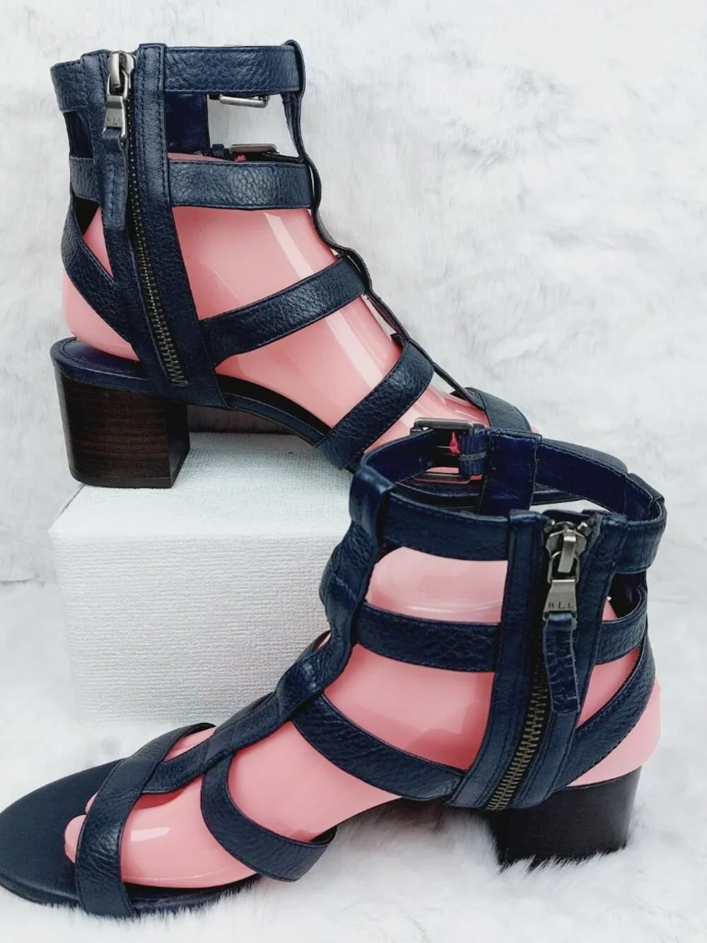 Lauren Ralph Lauren Women's Navy Triple Buckle Heeled Gladiator Sandal Size 9B